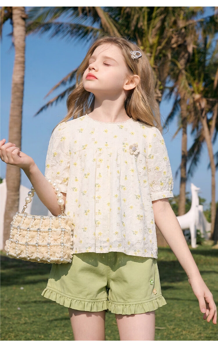 CHANZUIGOU Girls' Glutinous Yellow Floral Print Short Sleeve Top 2026 Summer New Stylish Versatile Shirt 18